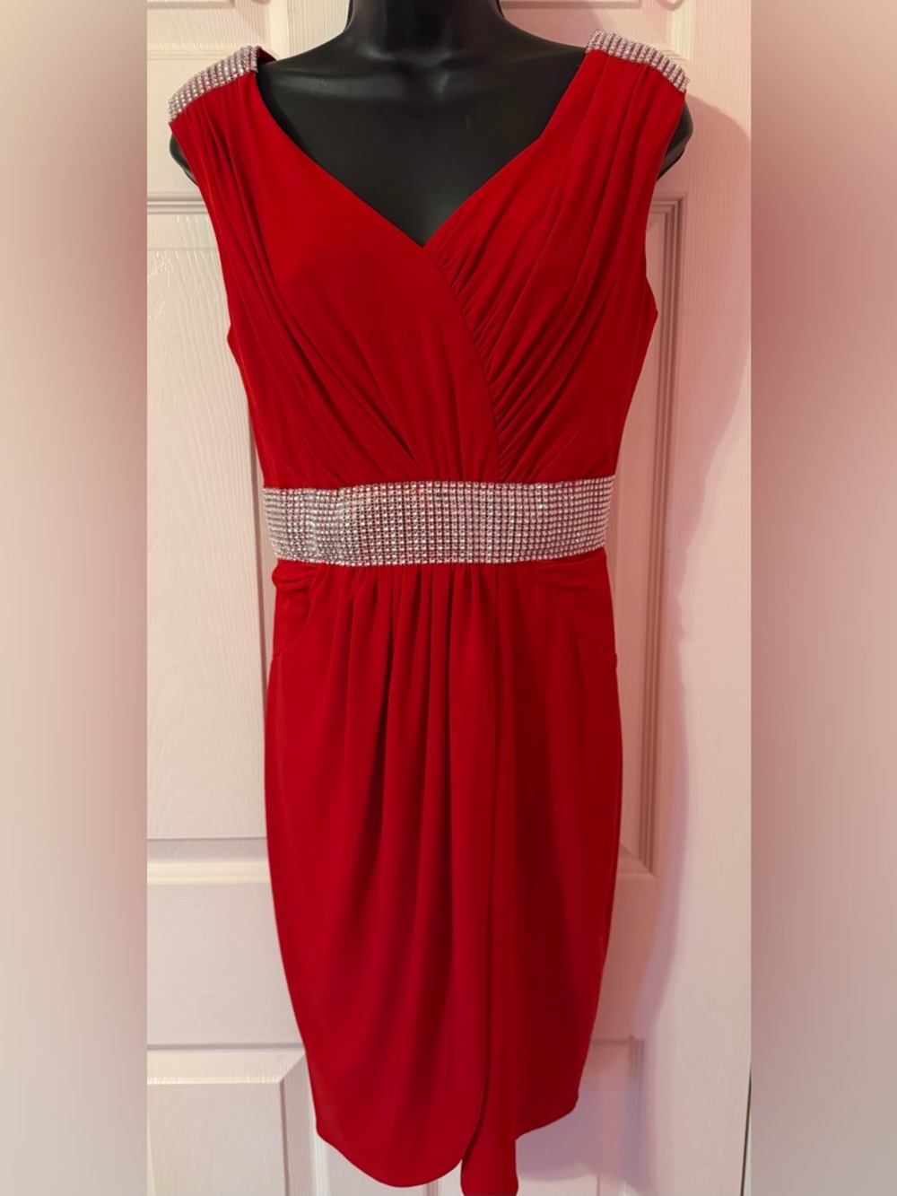 Alex Evenings Red V-Neck Midi Dress with Rhinestone Waistband